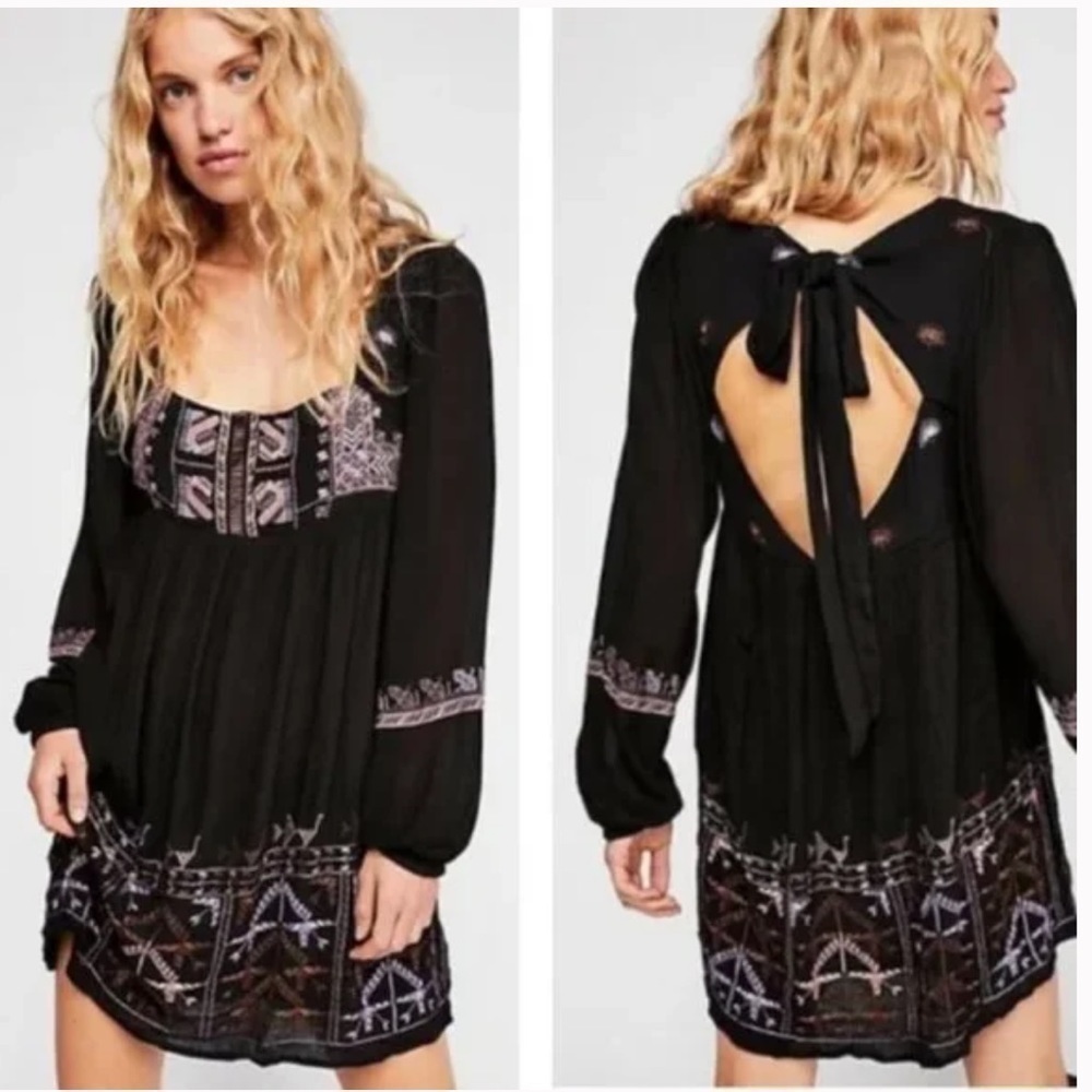 Free People Rhiannon Embroidered Babydoll Dress Black Purple Boho